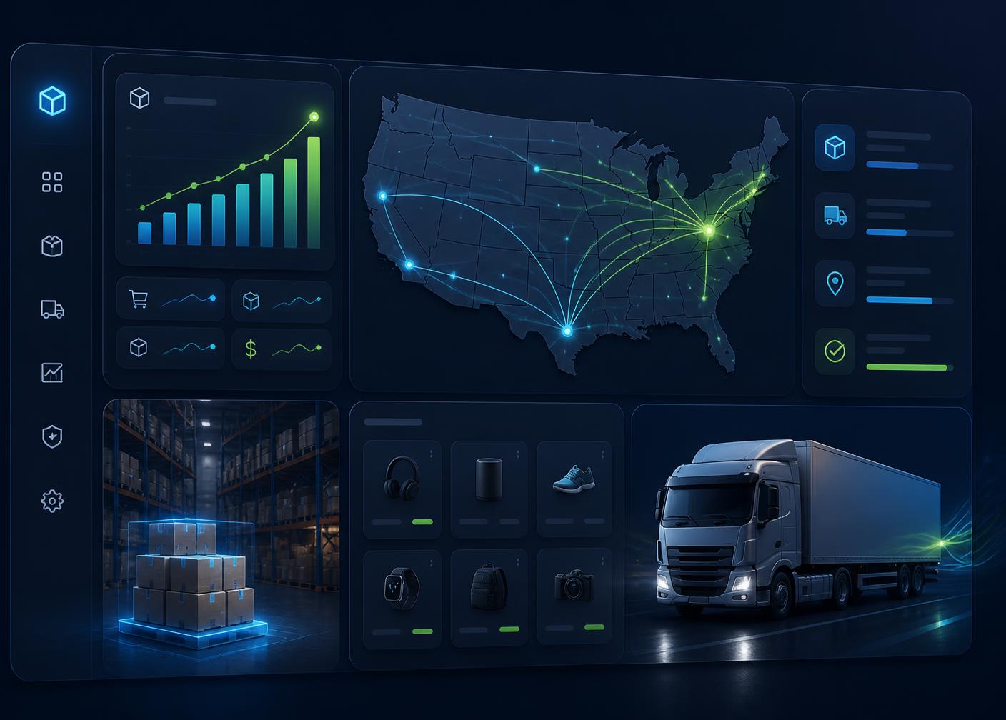 Shop Bangla BD warehouse dashboard showing US shipping routes, live order analytics, and same-day fulfillment